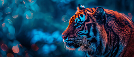 Tigre vermelho isolado com luzes azuis desfocadas no fundo - Papel de parede