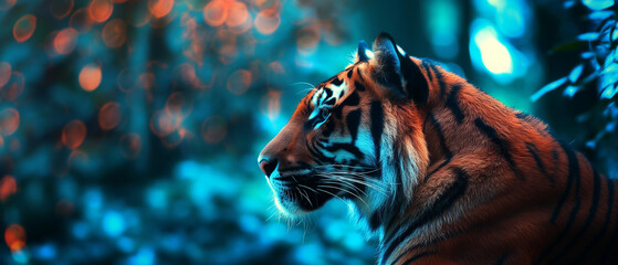 Tigre vermelho isolado com luzes azuis desfocadas no fundo - Papel de parede - obrazy, fototapety, plakaty