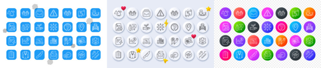 Knife, Business report and Dollar rate line icons. Square, Gradient, Pin 3d buttons. AI, QA and map pin icons. Pack of Employee hand, Safe time, 24h service icon. Vector
