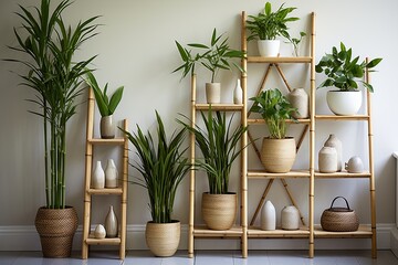 Tropical Plant Decorations: Bamboo Shoots and Sleek Shelving Showcase in Minimalist Design 