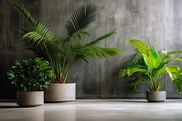 Minimalist Tropical Plant Decor: Large Leafy Plants on Concrete Floor