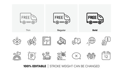 Free delivery, Furniture and Difficult stress line icons. Pack of Cash, Question mark, Basketball icon. Lgbt, Window, Reject pictogram. Get box, Bicycle lockers, Annual calendar. Line icons. Vector