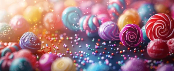 Fotobehang Enchanting display of colorful candy spheres with vibrant sprinkles and a dreamy bokeh effect. © BackgroundWorld
