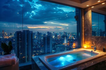 A bathroom featuring a tranquil spa-like ambiance with an illuminated jacuzzi overlooking a vibrant night city scene - obrazy, fototapety, plakaty