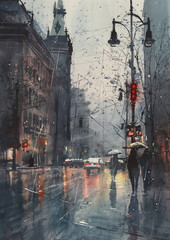watercolor illustration of city street in rainy day.