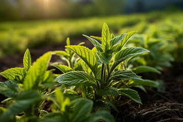 Mint grows abundantly in plantations - obrazy, fototapety, plakaty