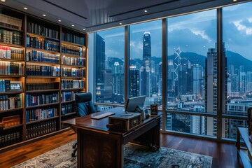 Elegant office interior boasting a majestic night view of city lights and extensive book collections - obrazy, fototapety, plakaty