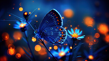 Fairy, with wings of transparent material flying among flowers and luminous lights in a fabulous