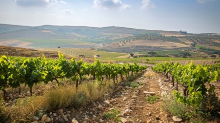 A rustic scene of vineyards in the hills of Judea, symbolizing the parables of Jesus and the importance of growth and cultivation.