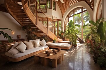 Fototapeta premium Exotic Retreat: Tropical Villa with Natural Fiber Rugs, Bamboo Fixtures, and Indoor Palm Trees