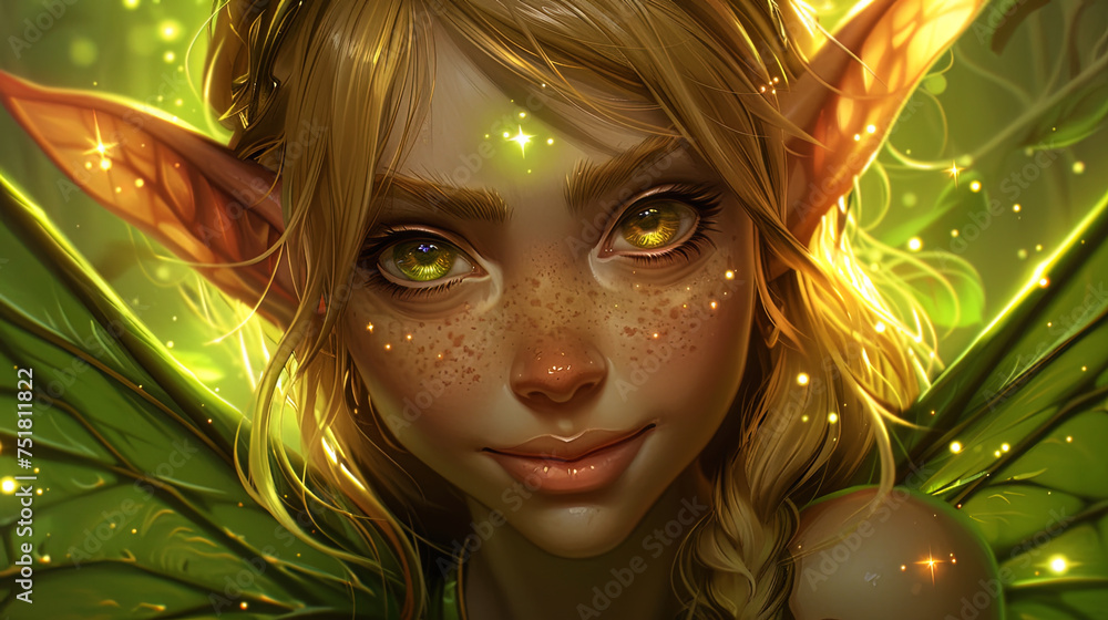 Poster forest elf with shining eyes, against the background of a magic waterfal - Posters