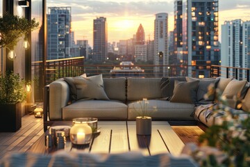 A cozy and inviting city terrace accentuated with soft lighting and stylish furniture against the backdrop of a glowing urban skyline at dusk - obrazy, fototapety, plakaty