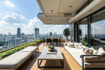 Sleek design meets comfort in this outdoor seating space on a high-rise building featuring city...