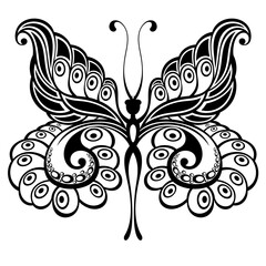Butterfly black and white wings. Tattoo silhouette. Vector graphic 