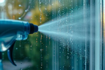 A close-up of water droplets and spray during the cleaning process of a window, shining with cleanliness - obrazy, fototapety, plakaty