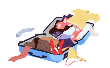 Open suitcase with scattered clothes and shoes pile during packing. Travel bag with chaos and clutter of stuff for trip, preparation to journey, organization problem cartoon vector illustration