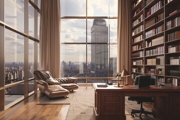 An executive leather study chair overlooks a vast urban skyline, epitomizing power and refined taste in a workspace - obrazy, fototapety, plakaty