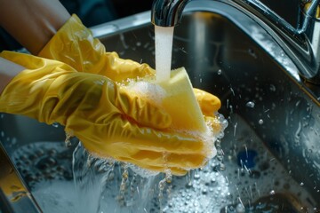 Hands in yellow gloves rinse a sponge under running sink water, with soap suds dripping down - obrazy, fototapety, plakaty