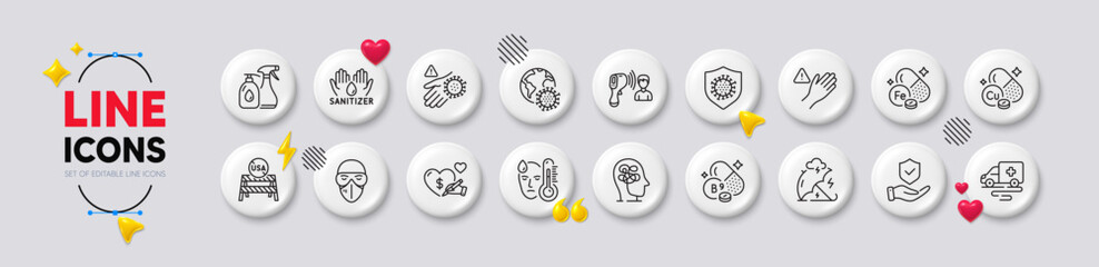 Iron, Coronavirus and Hand sanitizer line icons. White buttons 3d icons. Pack of Wash hand, Fever, Dont touch icon. Usa close borders, Medical mask, Electronic thermometer pictogram. Vector