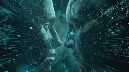 dominant AI in the process of absorbing another, the background of which is filled with binary code and cybernetic patterns, digital dominance