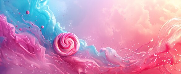 Fototapeta na wymiar A whimsical swirl lollipop emerges from an ethereal pink and blue marbled backdrop with floating candy specks.