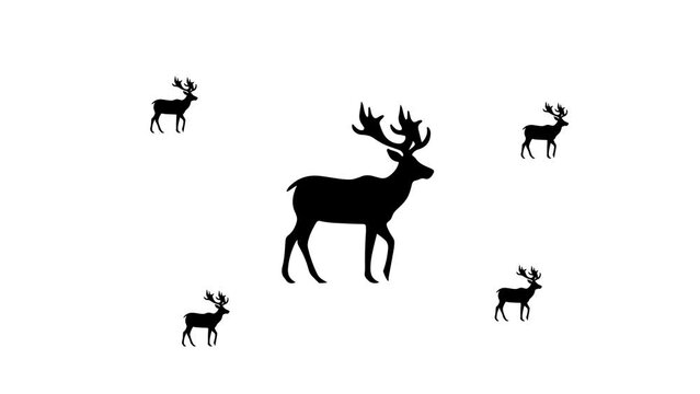 Zoom in and out animation the deer symbol. Large black symbol in the center and four small symbols around. Seamless looped 4k animation on white background