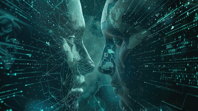 dominant AI in the process of absorbing another, the background of which is filled with binary code and cybernetic patterns, digital dominance