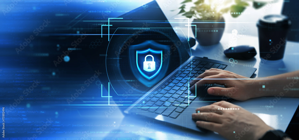 Poster network security system. personal data information on laptop.information and cyber security technolo
