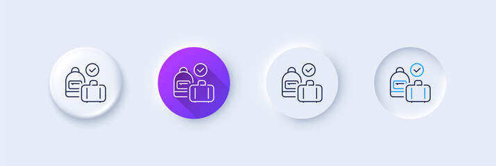 Carry-on baggage line icon. Neumorphic, Purple gradient, 3d pin buttons. Travel handbag sign. Allowed luggage bag symbol. Line icons. Neumorphic buttons with outline signs. Vector