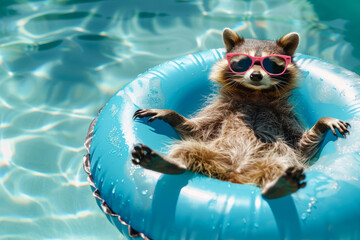 A raccoon in a  sunglasses floating in a swimming pool floaty, top view. Vacation and relax. Space for text.