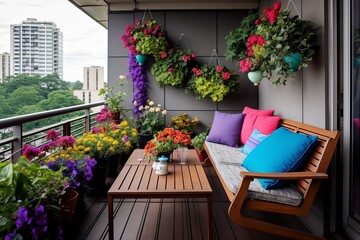 Fototapeta na wymiar Mid-Century Urban Garden Balcony: Sleek Coffee Table and Flower Vases Styling