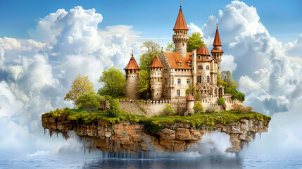 Houses rolled into huge cubes flying in the sky like balloons, with windows that glow like st