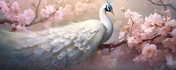 Beautiful white peacock with delicate feathers. Pink cherry blossom tree with ethereal bird.