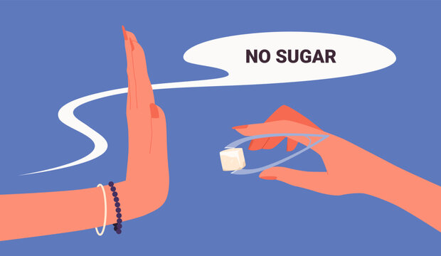 Female hand showing gesture of refusal to offer to add crystal sugar cartoon vector illustration. Sugar free diet for health, cooking food, flavoring, sugar additives