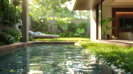 beautiful indoor small pool with nature background,  Step into serenity with this unique indoor pool, where modern design meets nature. - obrazy, fototapety, plakaty