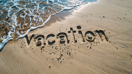 The word "vacation" written on the sand. Sea coast with inscription vacation. Beach background.