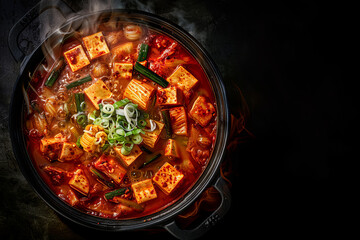 A kimchi stew hot pot, close up. Black background, top view. Space for text.