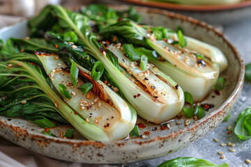 A Shanghai-Style Baby Bok Choy in a plate. Green background. Side view, close up. 