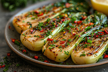 A Shanghai-Style Baby Bok Choy in a plate. Green background. Side view, close up.  - obrazy, fototapety, plakaty