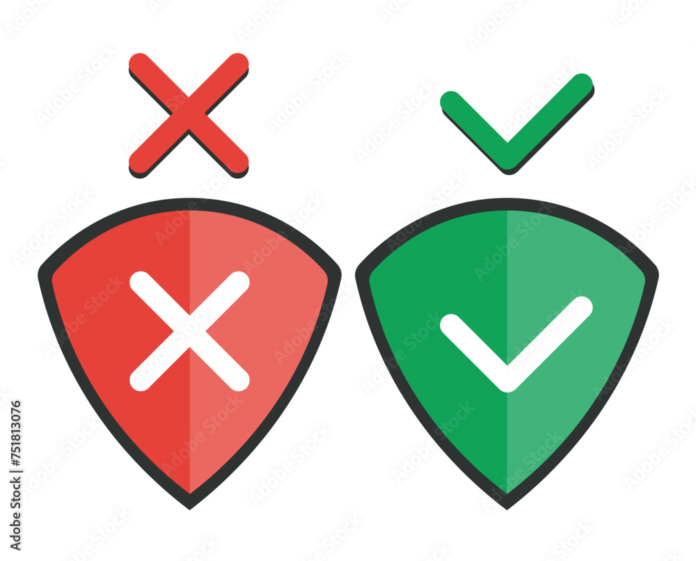 Aufkleber white cross and check mark on red and green shields. cancel and accept icons. right and wrong mark. 