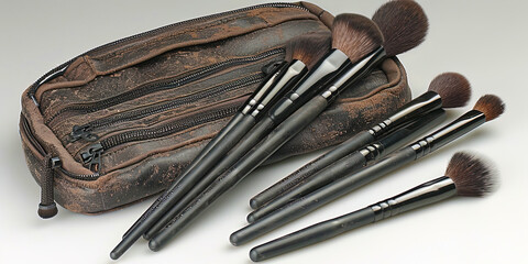 Makeup accessories, such as sponge, crumbly powder and brushes placed in elegant cases or lea - obrazy, fototapety, plakaty