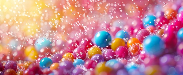 A vibrant sea of glistening multicolored candy pearls under a magical bokeh light effect.
