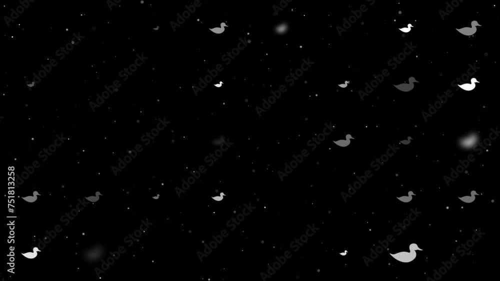 Poster template animation of evenly spaced duck symbols of different sizes and opacity. animation of transp