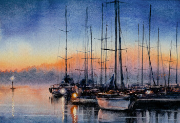 Watercolors painting of colorful sky reflecting in bay water . Sailboats and mountains in background. - 751813400