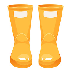 Yellow clean bulky rubber boots front view. Rubber boots for gardening, farming, walking in the rain. Vector illustration of protective shoes from moisture. Clip art for logos, icons, postcard design