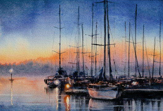 Watercolors painting of colorful sky reflecting in bay water . Sailboats and mountains in background.