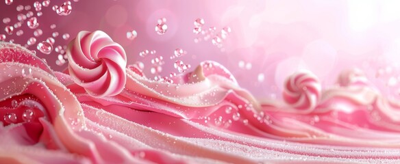 A delicate pink swirl meringue with sparkling sugar crystals against a soft-focus, creamy pink background.