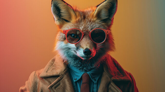 boss fox wearing business coat, tie, shirt and glasses , orange background , can be used for cards, business, banners, posters	
