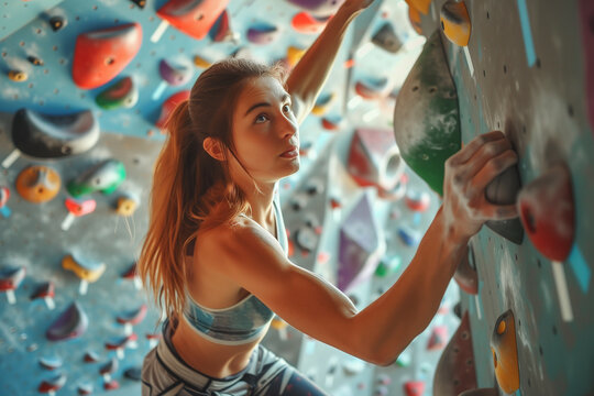 Frau beim Bouldern in der Kletterhalle