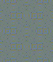 Abstract geometric design with concentric white squares, hexagons, and triangles on a blue background. Thin lines. Modern ethnic style. Seamless repeating pattern.